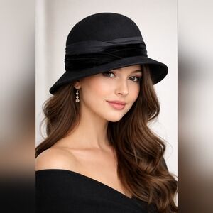 Vintage Black Cloche Hat Asymmetrical Brim. Velvet Ribbon 20s Style Revival